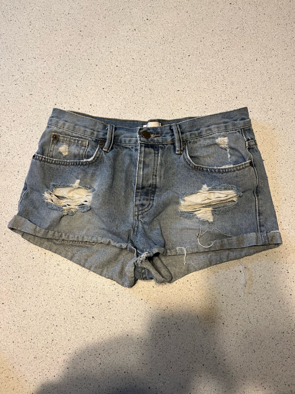 Amuse Society Distressed Mid Rise Medium Wash Denim Shorts